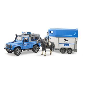 Игровой набор. Полицейский автомобиль "Land Rover Defender" с прицепом для перевозки лошадей, лошадка и фигурка 02588 фото