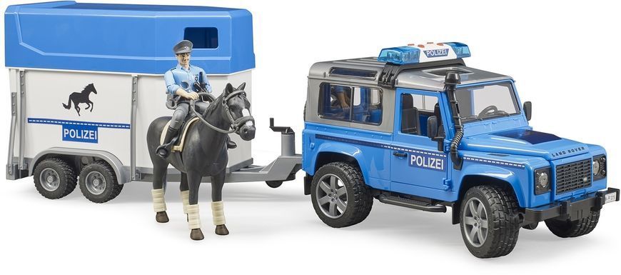 Игровой набор. Полицейский автомобиль "Land Rover Defender" с прицепом для перевозки лошадей, лошадка и фигурка 02588 фото